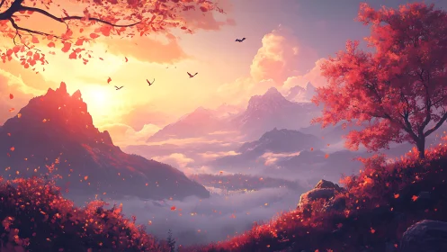 Sunlit alpine valley glows beneath cinematic autumn sky