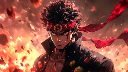 Intense anime warrior framed by dynamic embers and motion blur