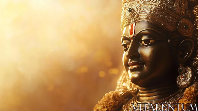 Golden deity statue head illuminated by warm backlight