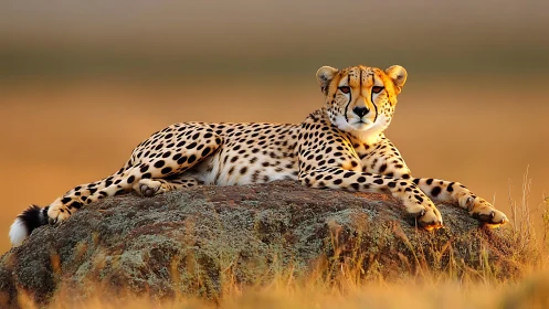Resting cheetah on granite outcrop in golden savanna light
