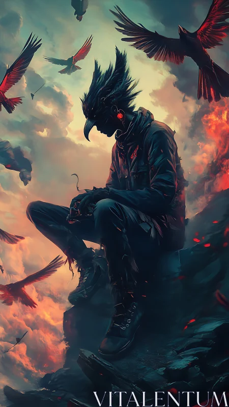 Human crow hybrid seated on cliff amid flying red birds.