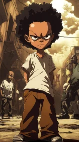 Tough cartoon kid stands in gritty urban alley scene.