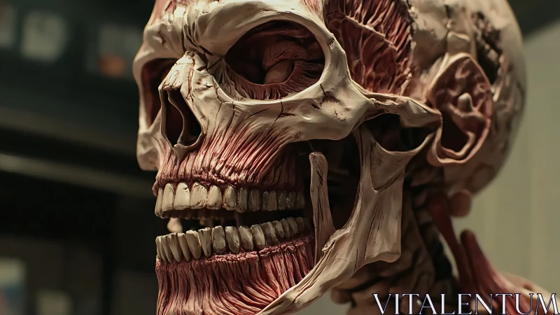 Grinning anatomy bust in museum hush and surgical drama.