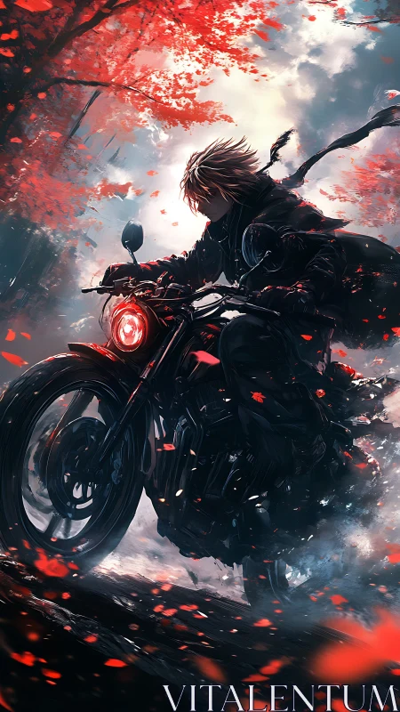 Motorcyclist in dark clothing under red autumn foliage.