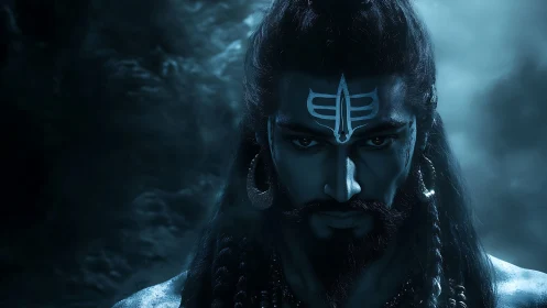 Brooding blue warrior gazes inward in a moody sacred night
