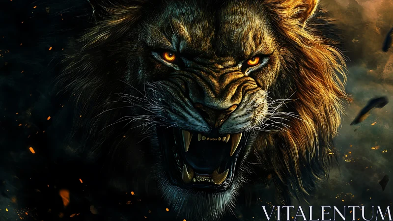 Digital close-up of roaring lion with fiery dramatic lighting.