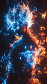 Stylized anime warrior is rendered with dual elemental energy