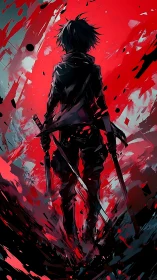 Silhouetted swordsman stands in front of chaotic red backdrop
