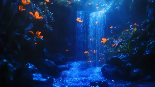 Bioluminescent forest waterfall glows around vivid orange lilies