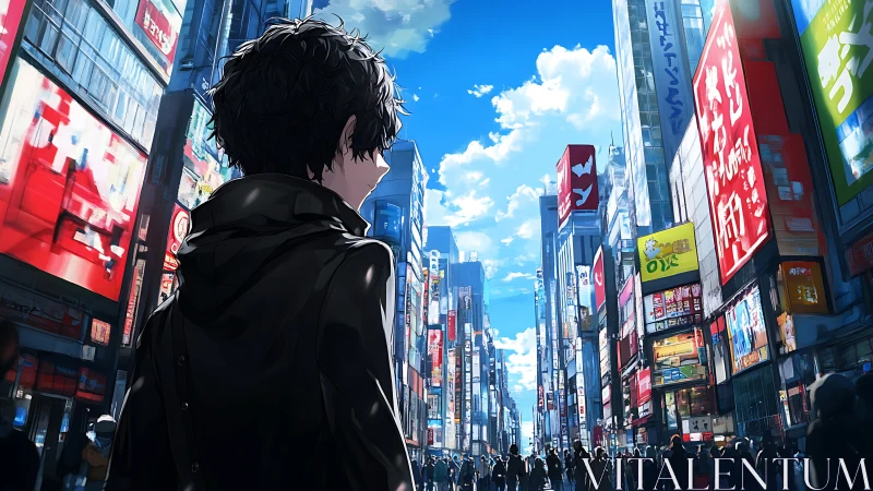 Lone youth contemplates a neon-soaked city streetscape.