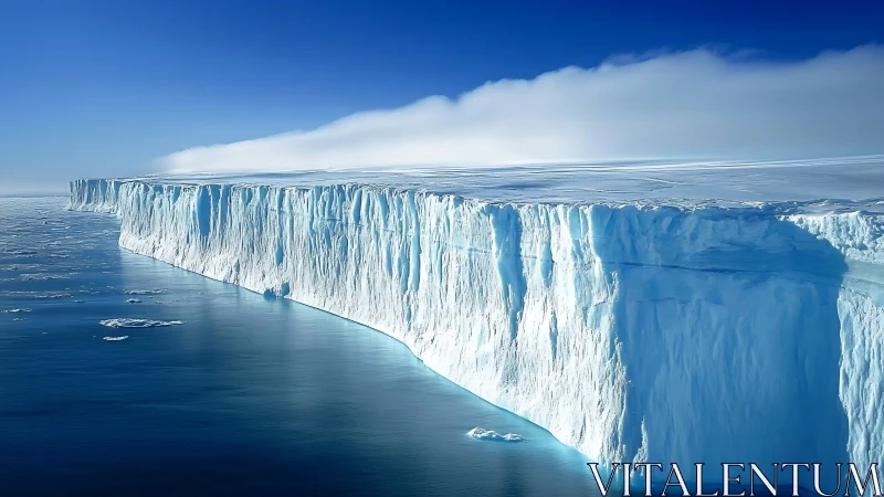 Ice shelf vertical face meets open polar ocean under clear sky