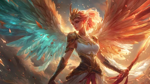 Bicolor winged warrior angel in gilded armor amid blazing sky