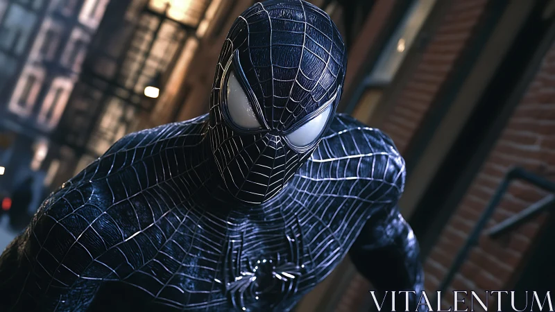 Midnight web-slinger poised between shadows and city lights.