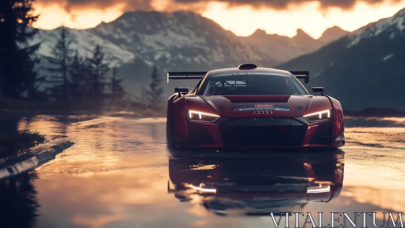 Sunlit red race car resting by calm mountain reflections.