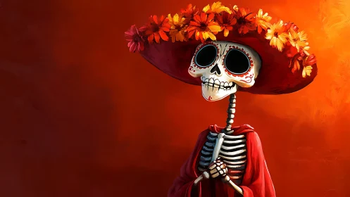 Elegant D&iacute;a de Muertos skeleton with crimson floral hat.