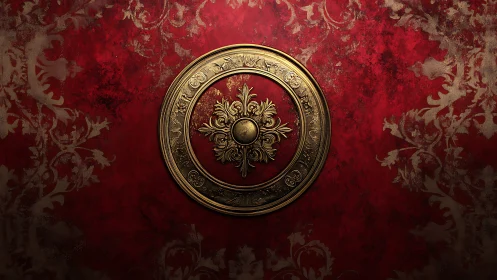 Baroque gilt medallion ornament contrasts with rich red damask