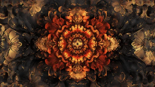 Radial molten chrysanthemum fractal with gilded petals