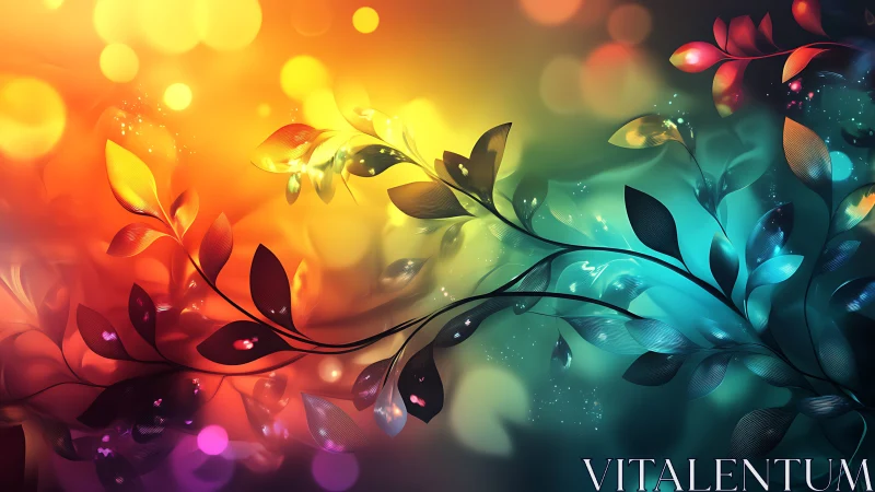Digital foliage silhouettes over multicolor bokeh gradient.