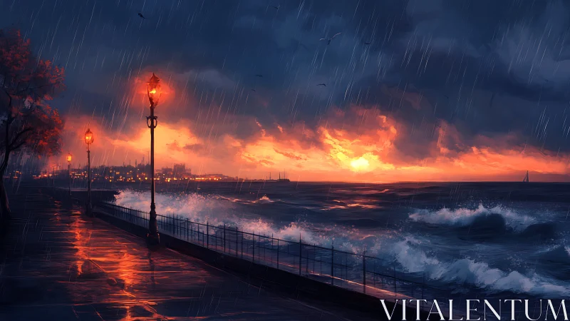 Coastal promenade under rainfall at sunset seascape scene.