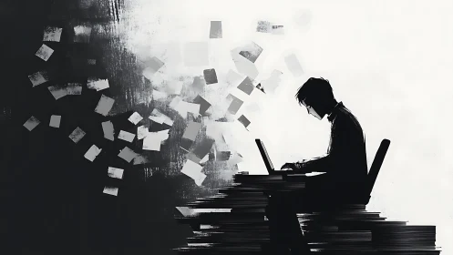 Shadowed midnight writer hurls paper thoughts into pixels.