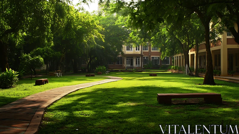 Curved brick path cuts through shaded academic courtyard lawn at dawn