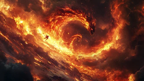 Celestial fire serpent vortex confronting solitary falling warrior