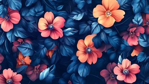 Chromatic floral composition featuring gradient-rendered ornamental flowers with high-contrast petal