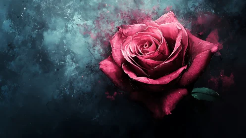 Crimson Rose Against Stormy Teal Background.