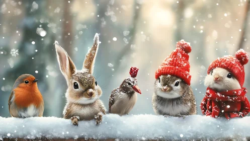 Snowy woodland friends share a frosty, red-hatted reunion.