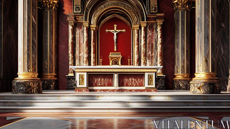Rendered church altar with crucifix and marble architectural setting
