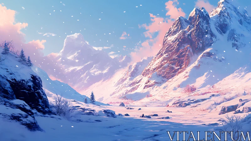 Cotton-candy dawn over crystalline winter mountainscape.