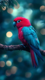 Vivid red blue parrot perched against teal bokeh forest.