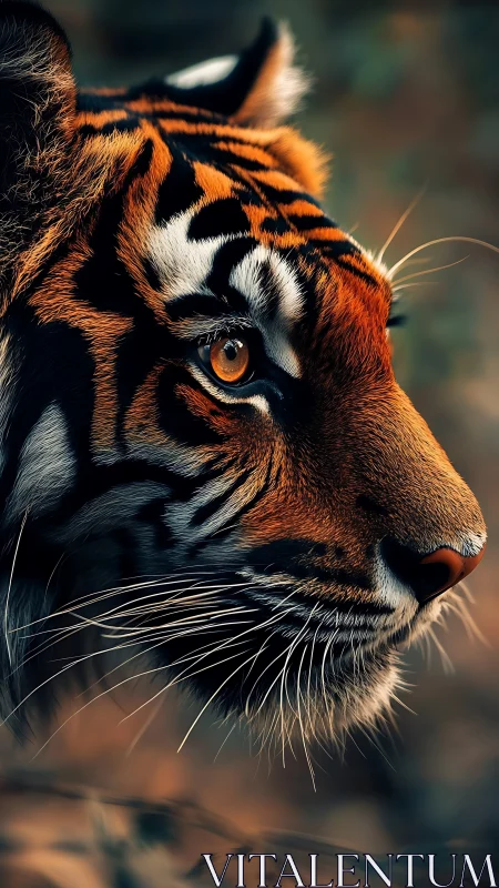 Tiger profile close-up with sharp detail and warm light.