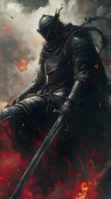 Armored knight with greatsword stands over burning ground