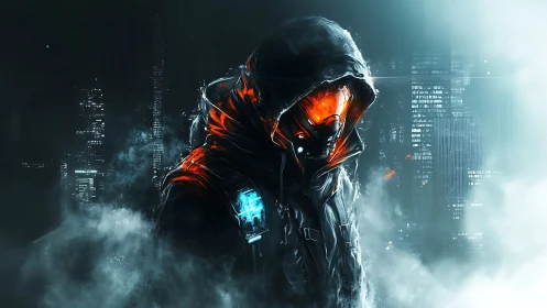 Cybernetic hooded operative in neon vapor cityscape glow.