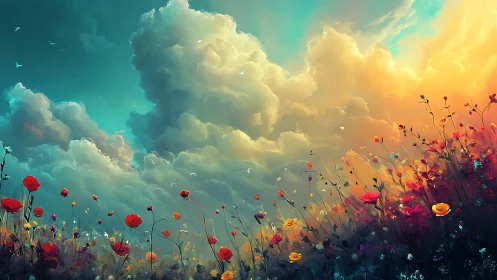 Wildflower Meadow Beneath Luminous Clouds.