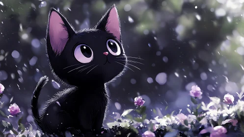 Curious black kitten watching soft evening snowfall in bloom.