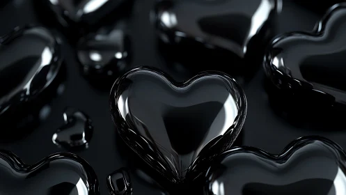 3D rendered glass heart forms arranged on dark reflective surface