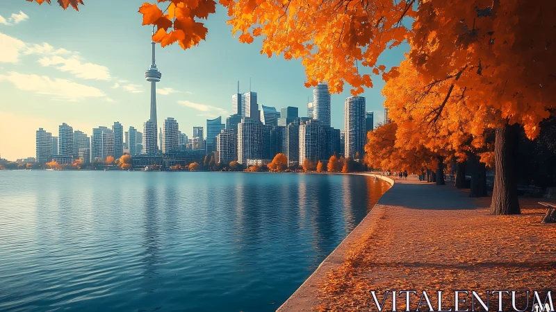 Golden lakeside path embracing a cozy modern skyline view.