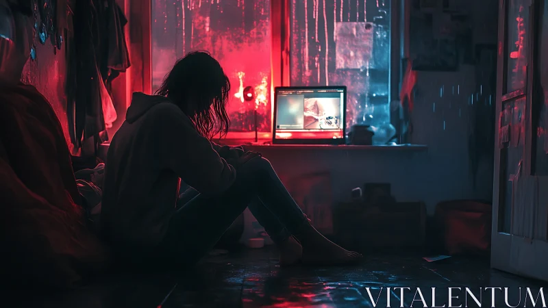 Silhouetted girl by neon-lit laptop in rain-soaked room.