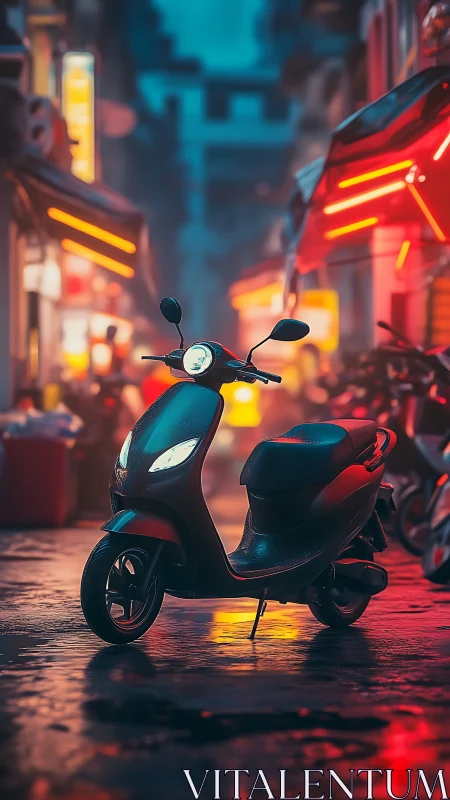 Midnight scooter hums beneath neon alleys and wet city glow