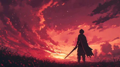 Lone swordsman greets a blazing crimson sunset sky with resolve