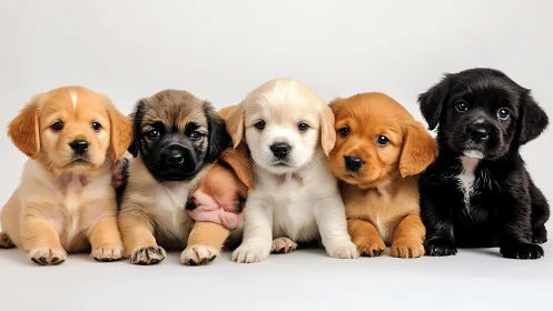 Row of multicolored puppies posed in soft studio lighting.
