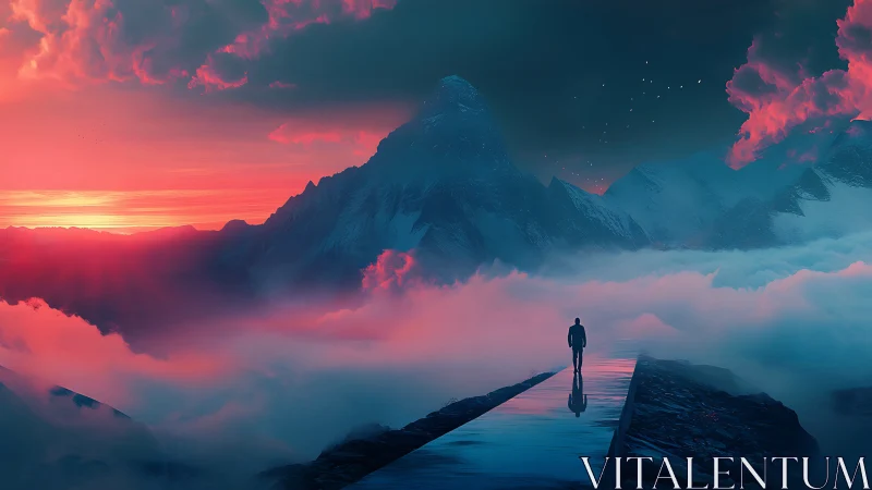 Solitary figure on elevated path above misty mountains at dusk.