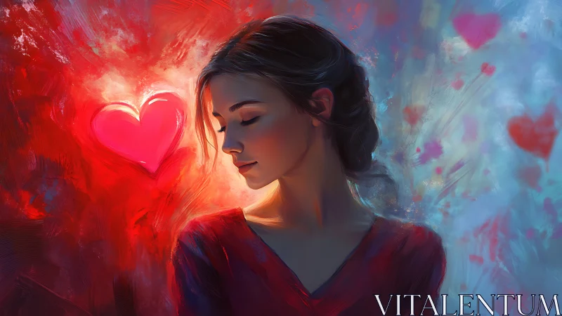 Woman Gazes at Glowing Heart in Neon Light.