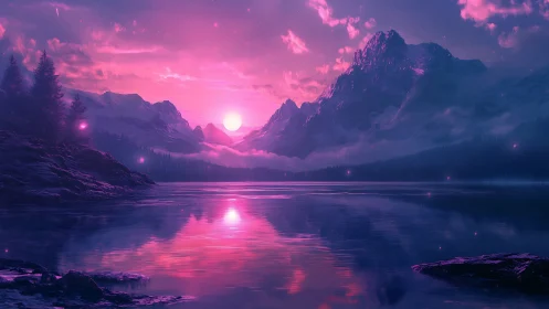 Spectral magenta alpine lake under synthetic twilight sun.