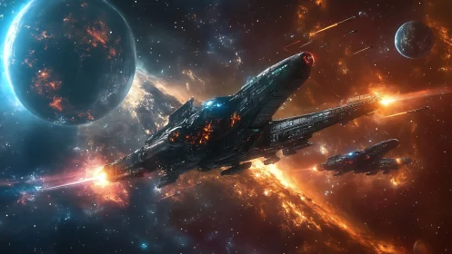 Colossal warships ignite a blazing battle in deep space