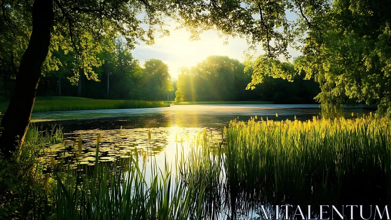 Sunset light passes through lakeside reeds and dense trees
