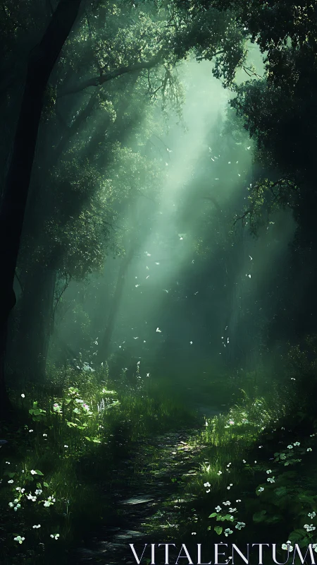 Atmospheric forest corridor with volumetric light rays and luminous foliage canopy