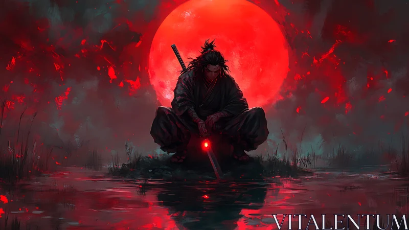 Silent samurai beneath the burning red moonrise.